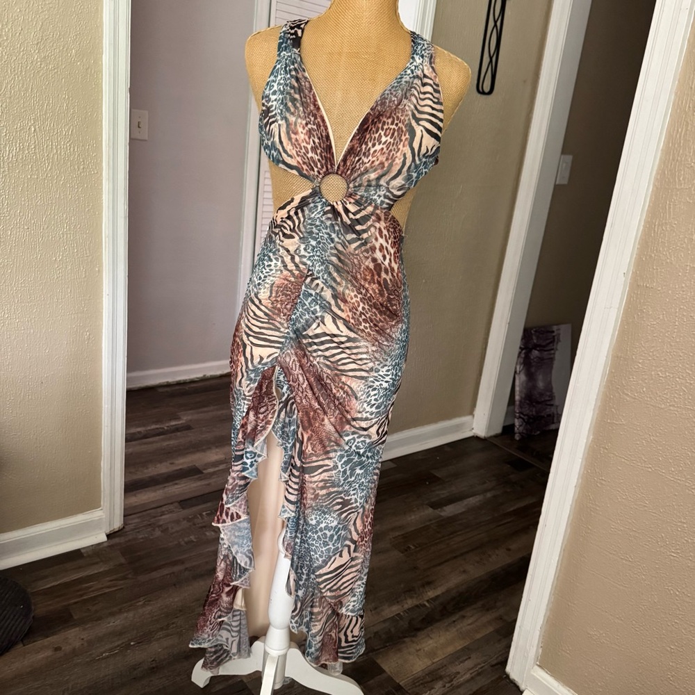 SHEIN Brown & Blue Animal Print High-Low Maxi Dress with Ring Cutout